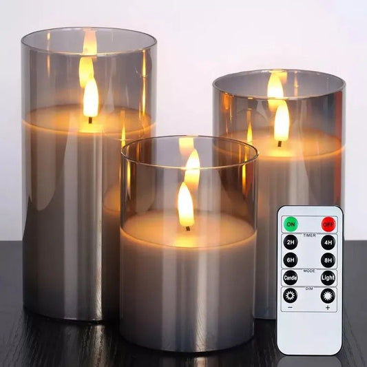 Flameless Flickering LED Pillar Candles Real Wax Pack of 3 D 3" H 4" 5" 6" (Grey)